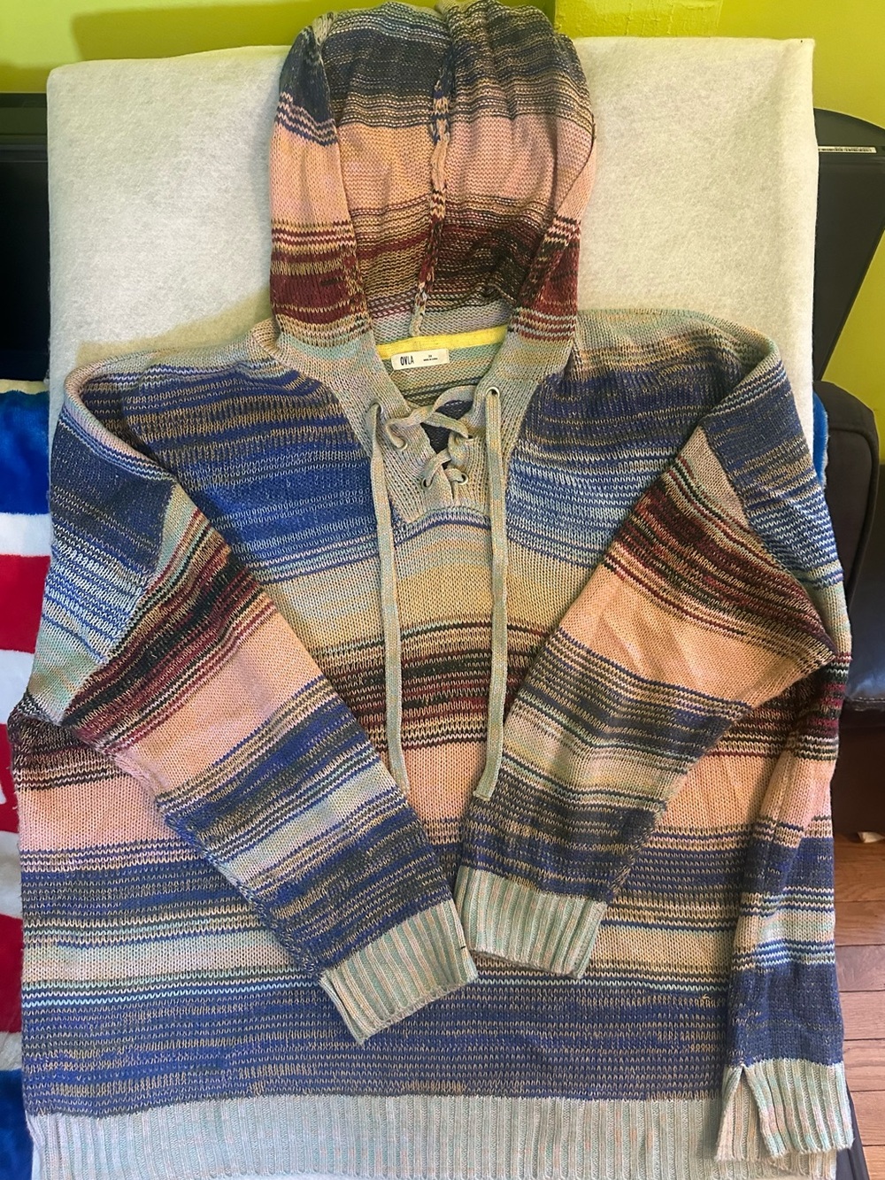 OVLA Boho Striped Hooded Knit Sweater Womens Size 2X Lace Up Multicolor